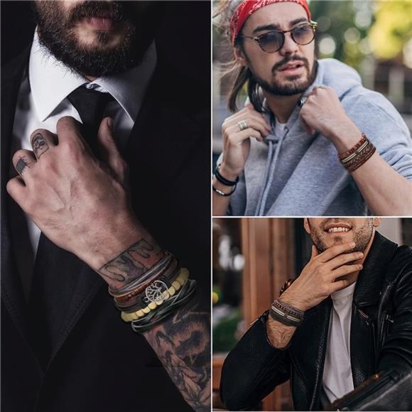 18pc Braided Leather Bracelets for Men Women Woven Cuff Wrap Bracelet Wood Beads - Picture 6 of 6